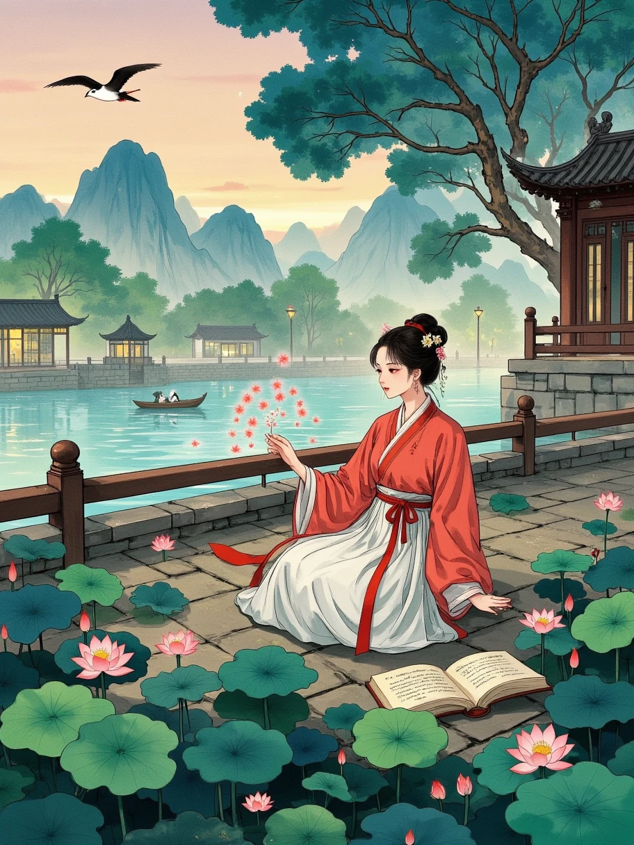 1 girl,Tang style hanfu,colorful, full body, Wide Shot, wallpaper, energy, Unknown terror, arcane, Around the magic ,magic surrounds ,magic rod, book, pages flying all over the sky, Know it all, Predicting the Future, Know the past, Infinite wisdom, blue flame, Warlock, Magical Circle, Circle, Pentagram, incantation, mantra, Witcher, Singing magic, masterpiece, ultra realistic, best quality