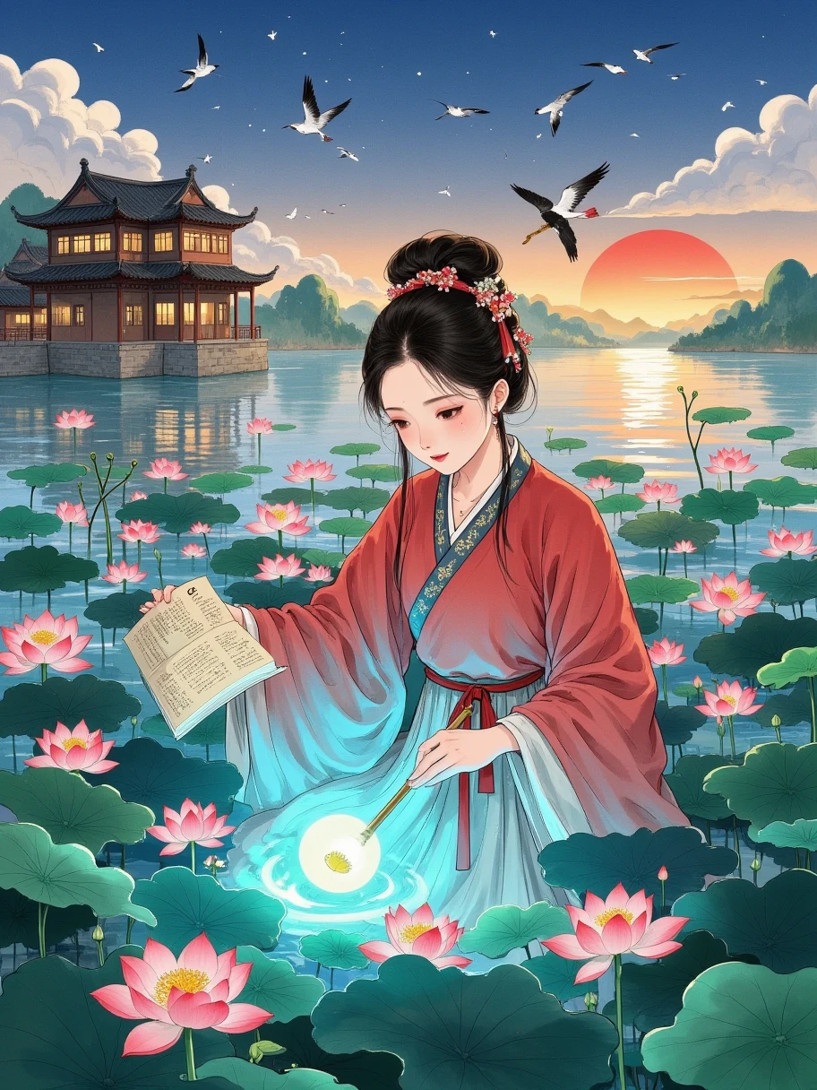 1 girl,Tang style hanfu,colorful, full body, Wide Shot, wallpaper, energy, Unknown terror, arcane, Around the magic ,magic surrounds ,magic rod, book, pages flying all over the sky, Know it all, Predicting the Future, Know the past, Infinite wisdom, blue flame, Warlock, Magical Circle, Circle, Pentagram, incantation, mantra, Witcher, Singing magic, masterpiece, ultra realistic, best quality