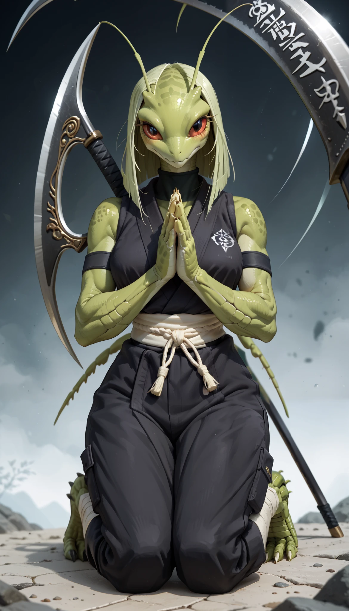 (zPDXL2), (PonyXLV6_Scores), source_anime, Expressiveh, full body shot, asymmetric image, BREAK
Inhata4564, 
female, anthro, praying mantis, anthro praying mantis, ninja, praying mantis elements. Like a ninja. Both hands are weapons, scythes in both hands, compound eyes