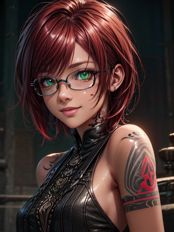  close-up , face. Short,  red hair ,  green eyes ,  metal-framed glasses ,  smiling girl. ( masterpiece fails,  top quality ,  best quality ,  official art,  beautiful and aesthetic :1.2),  extremely detailed ,( fractal art:1.2), Colorful ,The most detailed, (Many colors tattoos:1.4). (( skin texture ,  Shiny skin . elegance.  photorealism .  unreal engine .  3d Model.  Ultra high quality textures .  high detail .  8k resolution))