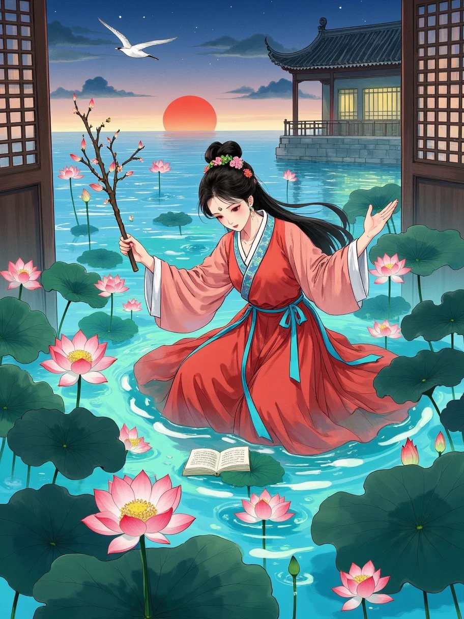 1 girl,Tang style hanfu,colorful, full body, Wide Shot, wallpaper, energy, Unknown terror, arcane, Around the magic ,magic surrounds ,magic rod, book, pages flying all over the sky, Know it all, Predicting the Future, Know the past, Infinite wisdom, blue flame, Warlock, Magical Circle, Circle, Pentagram, incantation, mantra, Witcher, Singing magic, masterpiece, ultra realistic, best quality