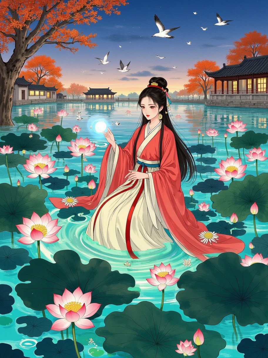 1 girl,Tang style hanfu,colorful, full body, Wide Shot, wallpaper, energy, Unknown terror, arcane, Around the magic ,magic surrounds ,magic rod, book, pages flying all over the sky, Know it all, Predicting the Future, Know the past, Infinite wisdom, blue flame, Warlock, Magical Circle, Circle, Pentagram, incantation, mantra, Witcher, Singing magic, masterpiece, ultra realistic, best quality