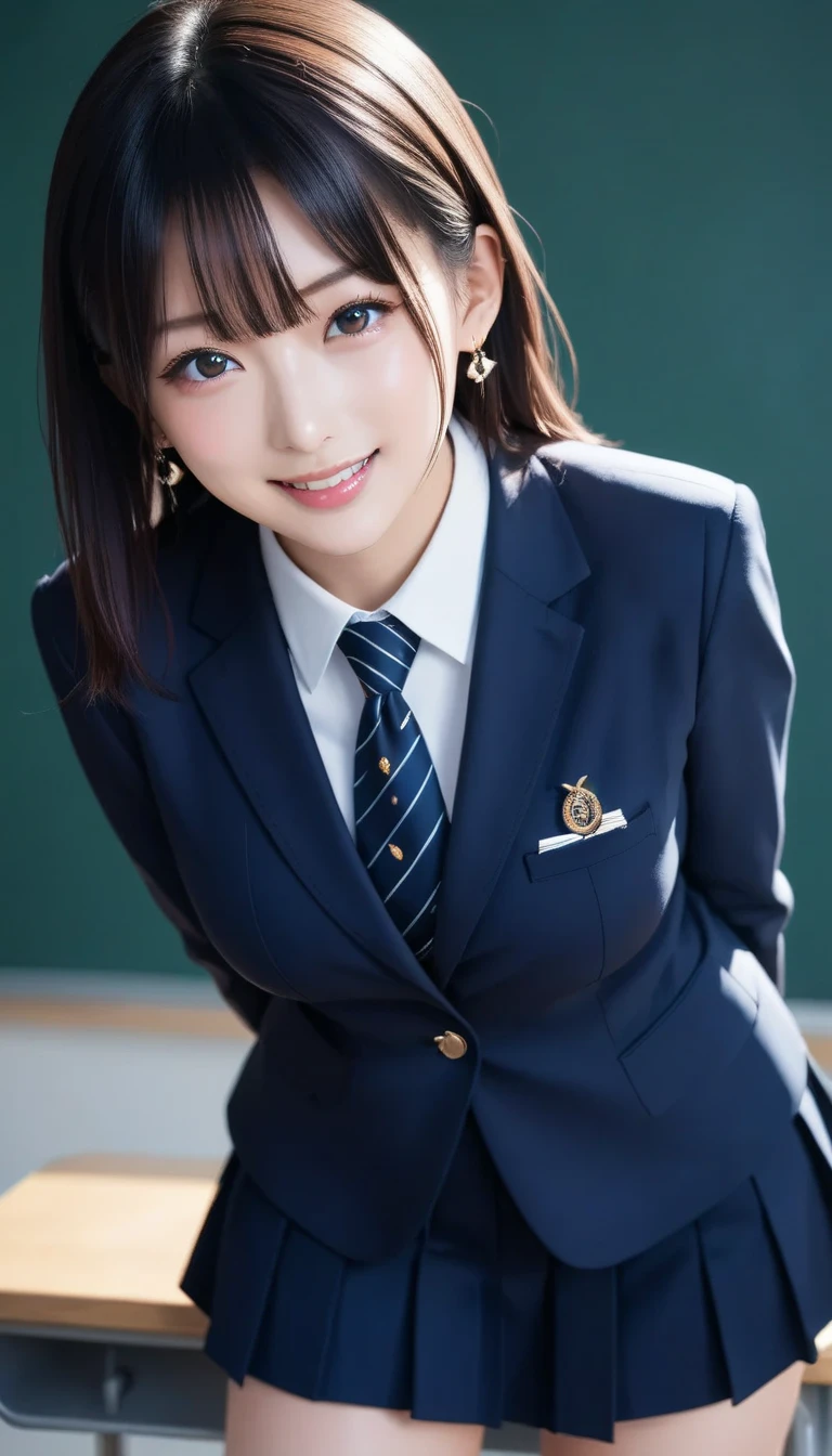 スコア_9, スコア_8_アップ, スコア_7_アップ, sアップer detailed, BREAK A breathtakingly beautiful Japanese woman with long, silky black hair, wearing a modern school uniform with a fitted blazer, short skirt, and tights. She has a radiant smile, stunning facial and eye details, and a confident yet graceful demeanor. She is posing in a classroom setting, leaning forward slightly with her hands placed behind her back, emphasizing her elegant posture. Her figure is curvaceous with a focus on her proportions, and the scene captures her in a dynamic position as she squats or does the splits. The atmosphere includes soft steam or light haze for added depth and realism. Ultra-high-definition, 32K resolution, masterpiece-level detail, Hausmo style.