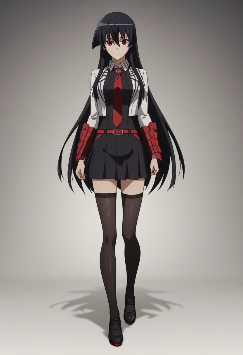 (masterpiece:1.0),(best_quality:1.0), ultra high res,4K,ultra-detailed,official art,extremely detailed CG unity 8k wallpaper,1girl, solo,akame, long hair, black hair, red eyes, hair between eyes,looking at viewer,perfect hands, perfect anatomy,wearing a white suit, tight skirt and black stockings, full body ,the office as the background。