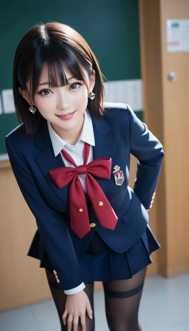 スコア_9, スコア_8_アップ, スコア_7_アップ, sアップer detailed, BREAK A breathtakingly beautiful Japanese woman with long, silky black hair, wearing a modern school uniform with a fitted blazer, short skirt, and tights. She has a radiant smile, stunning facial and eye details, and a confident yet graceful demeanor. She is posing in a classroom setting, leaning forward slightly with her hands placed behind her back, emphasizing her elegant posture. Her figure is curvaceous with a focus on her proportions, and the scene captures her in a dynamic position as she squats or does the splits. The atmosphere includes soft steam or light haze for added depth and realism. Ultra-high-definition, 32K resolution, masterpiece-level detail, Hausmo style.