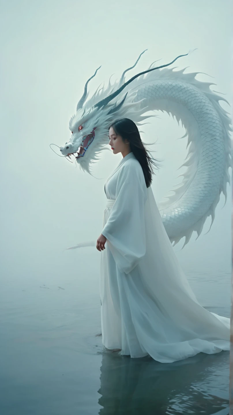 A white Chinese dragon looks down at a woman on a foggy lake. Clouds, thick fog, symmetrical composition, a woman in a white robe walking on the lake and looking at the dragon, full of mystery, close-up