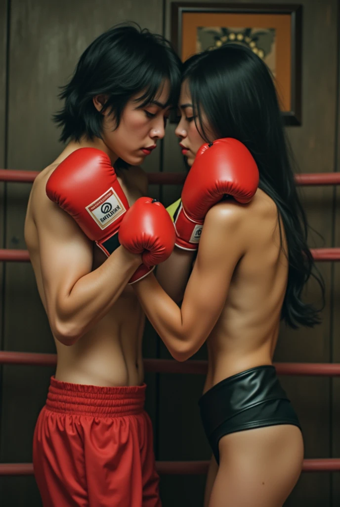 twink, gay, emo, wearing no shirt, wear blue and red Muaythai short, hugging another gay emo, naughty man, sexly, very sweaty, hair in the armpit, wear blue and red boxing gloves, Asian people(Korea,Vietnamese,Chinese,Japan)