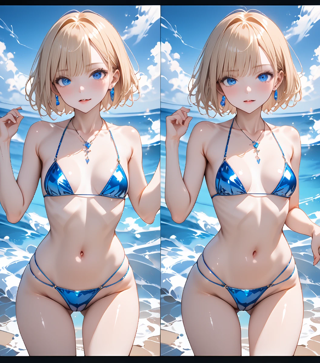 ((Perfect Anatomy)))、masterpiece、highest quality、Super detailed、(masterpiece、highest quality)(Highly detailed illustration)(Official Art)(Ultra-high detail)、(Perfect body))、whole body
（Beach）
Focus blunt bangs bob cut girl、(Silver erotic micro bikini girl:1.5)
(low length、Small breasted girl:1.4)、、Baby Face、
（、Men&#39;s swimwear）
（2 men、1 female：1.4）、（Shy girl blushes）
((((The faces of the two men are out of frame:1.5))))
((((A girl stands between two men, holding the girl&#39;s torso and crotch: 1.5))))、Men caressing girls&#39; bodies、
((Men are out of the picture:1.4))、All the characters except the girls are blurred.