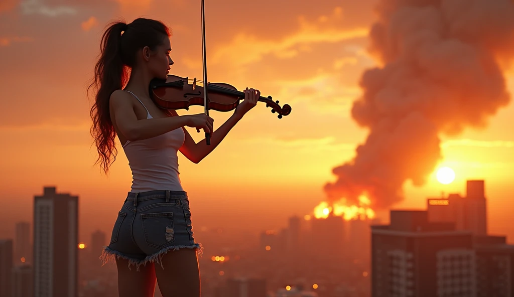 A hyper-realistic photograph of a woman playing the violin in a post-apocalyptic amusement park, Post-apocalyptic Ukraine City of Chernobyl, cinemactic.
Cinematic por Leng Jun. arte conceitual. Cinematography. post apocalyptic view, apocalyptic scenery, musician, arte digital hiper-realista, 8k, Thematic art, hyper-realistic