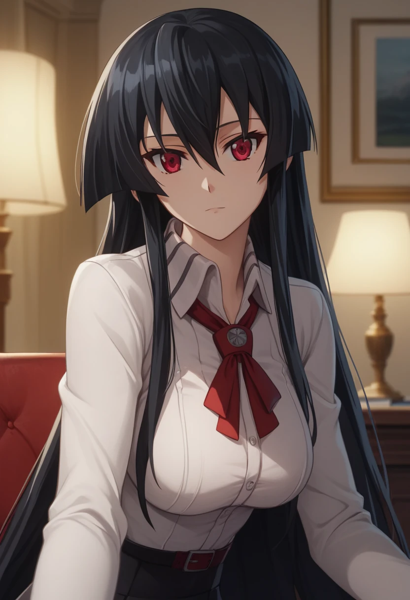 (masterpiece:1.0),(best_quality:1.0), ultra high res,4K,ultra-detailed,official art,extremely detailed CG unity 8k wallpaper,1girl, solo,akame, long hair, black hair, red eyes, hair between eyes,looking at viewer,perfect hands, perfect anatomy,wearing a white suit, tight skirt and black stockings, close up ,the office as the background。