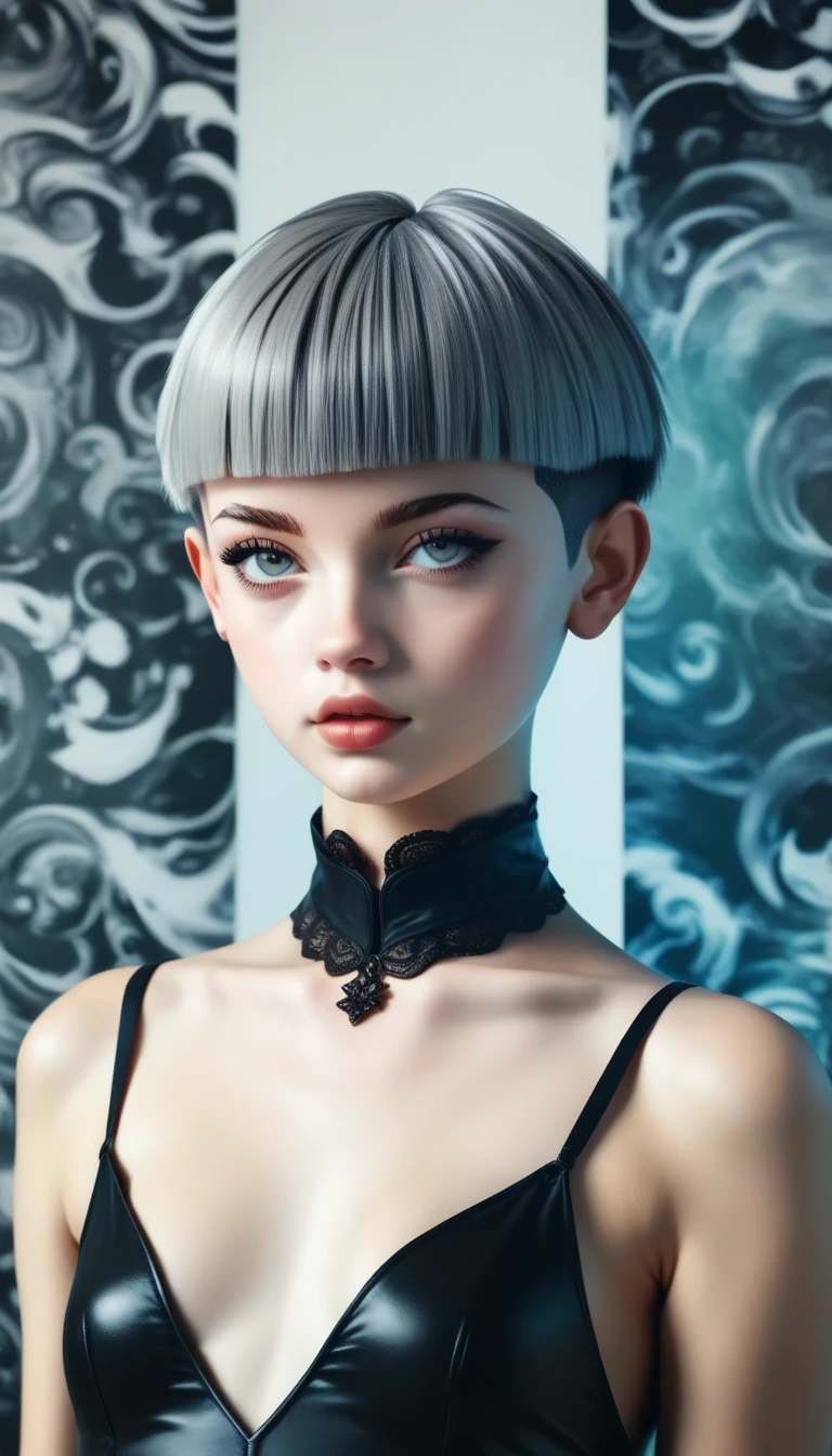 ((wallpaper 8k)), (( surreal)), ((Quality that shines through attention to detail:1.2)),  1 girl, １４、Kind eyes、  plump lips 、Grey Hair、Fatigue、(((small breasts、small breasts)))、black elegant dress, black strap ,  looks up, Widespread poverty, ((( Shortcut Hair 、 short hair twin tails、Grey Hair:1.5)))、 white skin