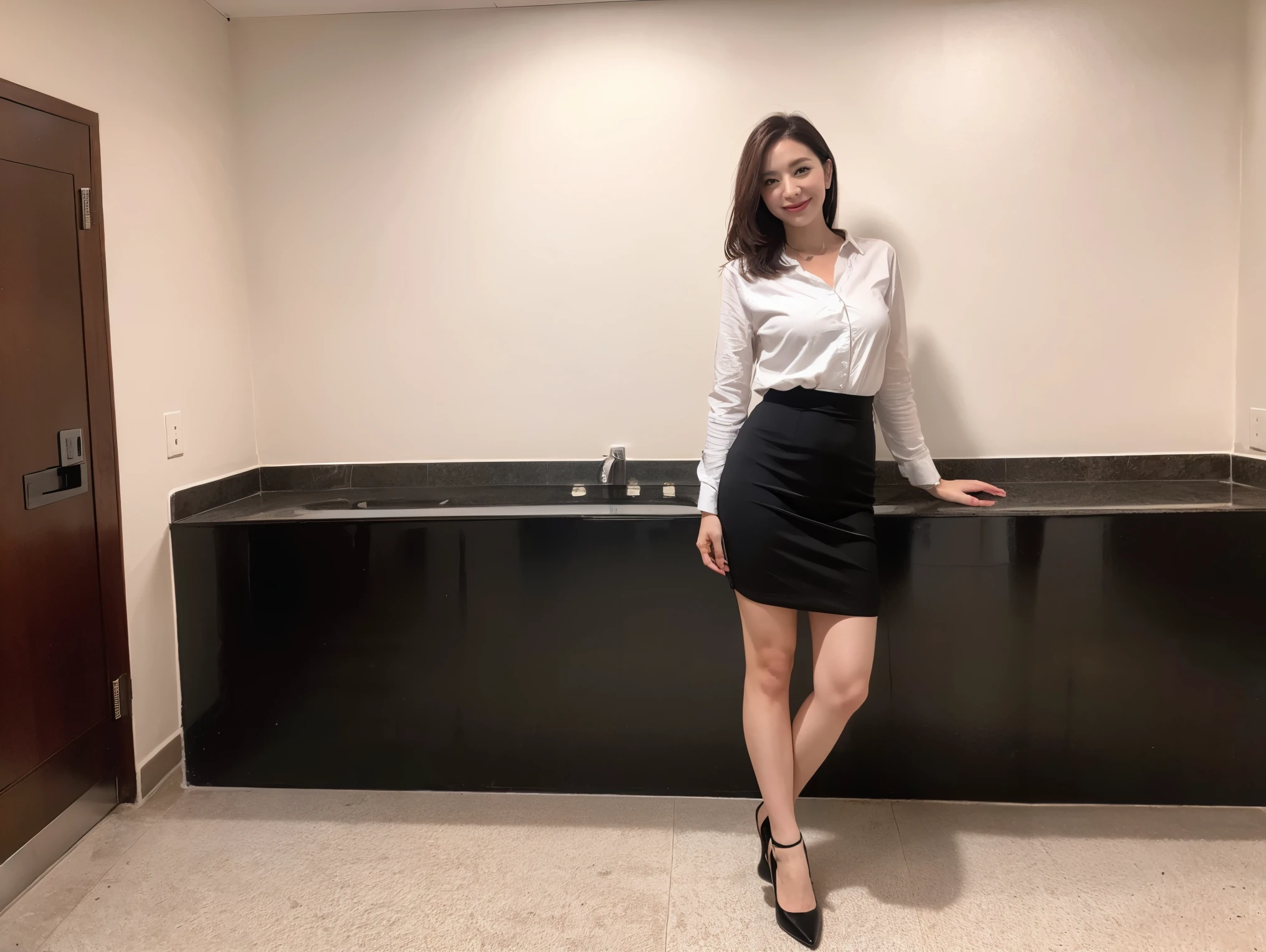 top quality, masterpiece, realistic , high definition , 8k RAW photo,Alone, one girl, Cute beautiful mature woman、43 years old、 standing、smile、 Business Skirt、 Ultra Realistic Pantyhose 、Wet inner thighs、 spread your legs 、 high heels