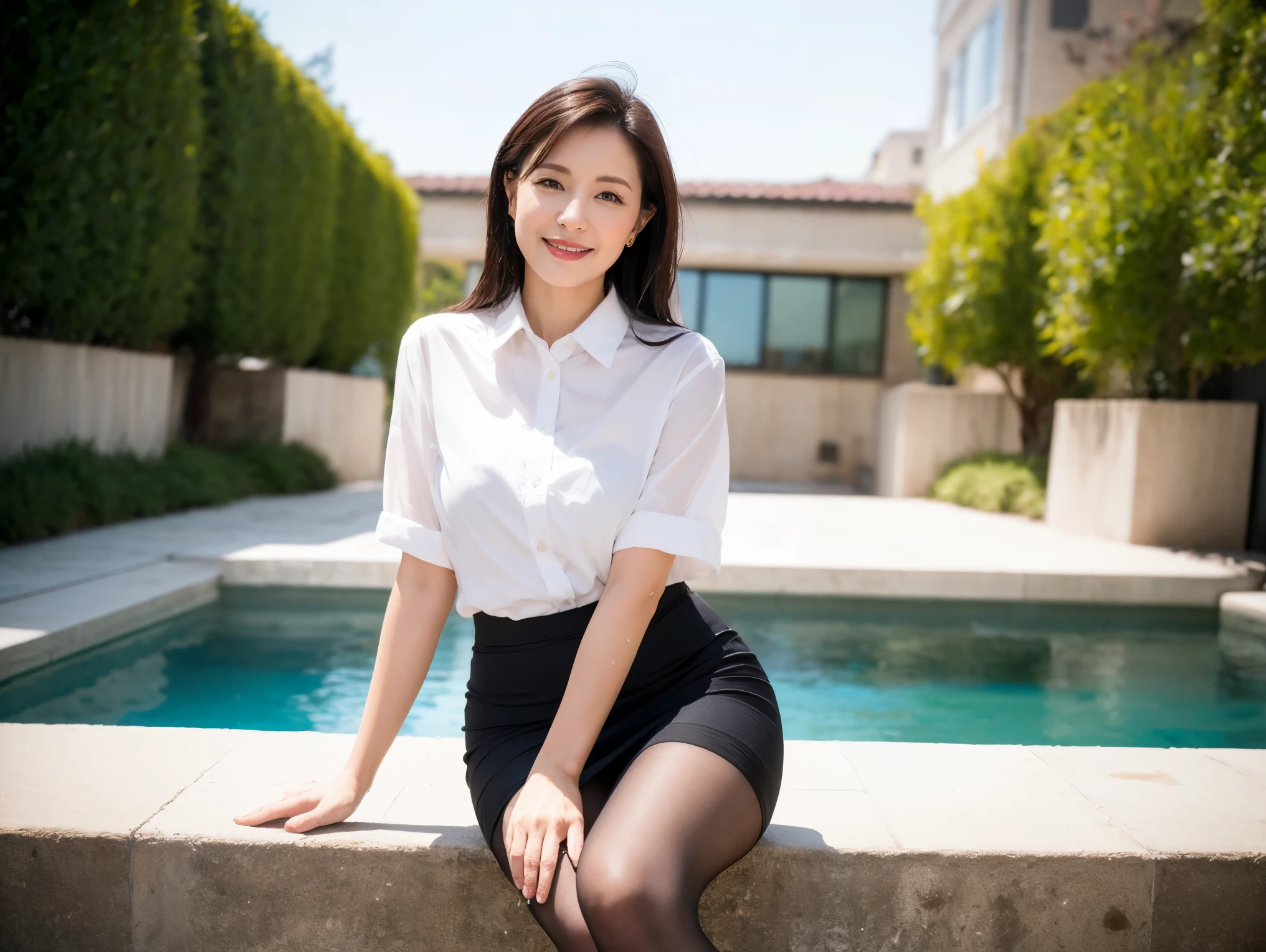 top quality, masterpiece, realistic , high definition , 8k RAW photo,Alone, one girl, Cute beautiful mature woman、43 years old、 standing、smile、 Business Skirt、 Ultra Realistic Pantyhose 、Wet inner thighs、 spread your legs 、 high heels