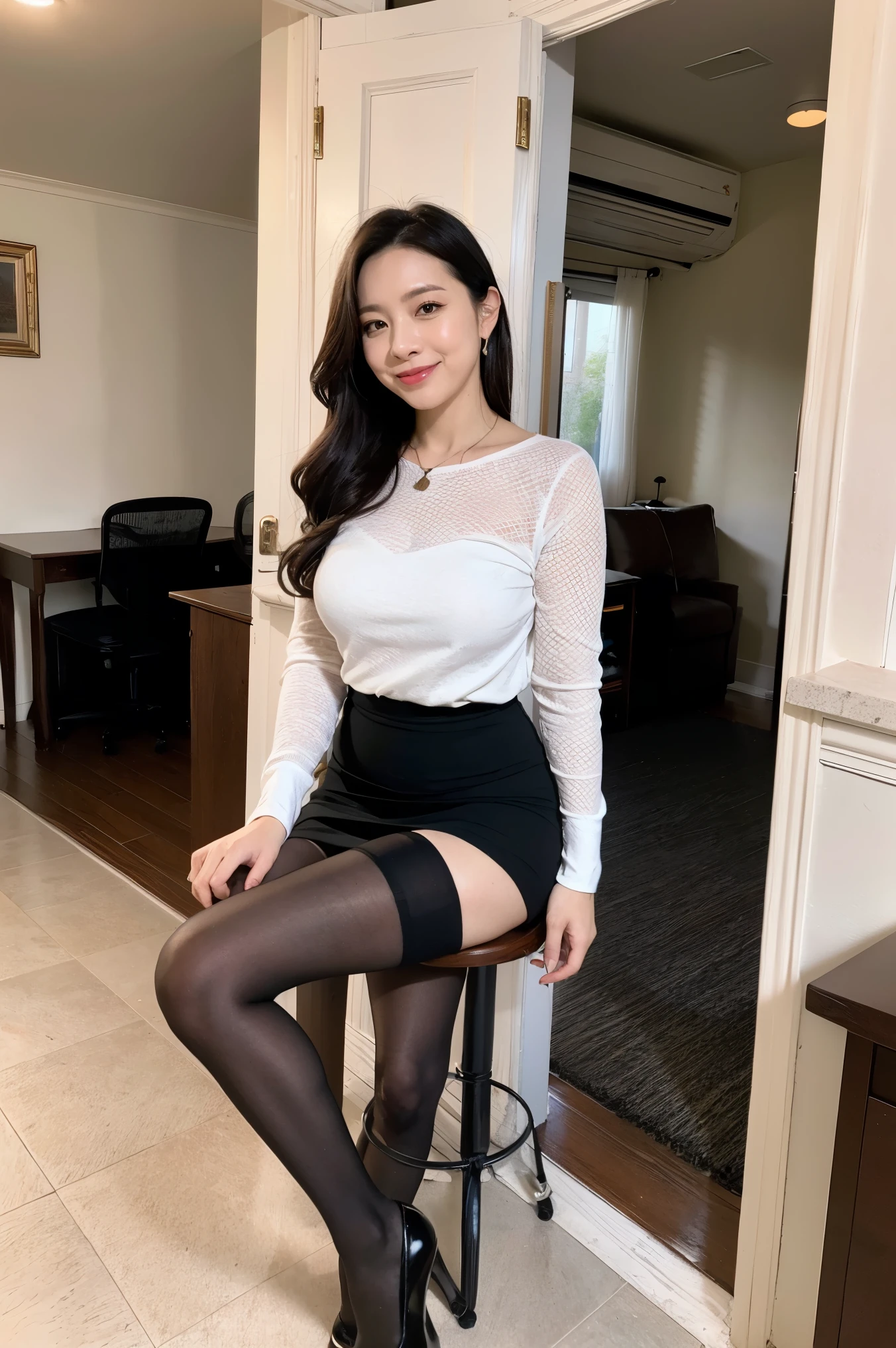 top quality, masterpiece, realistic , high definition , 8k RAW photo,Alone, one girl, Cute beautiful mature woman、43 years old、 standing、smile、 Business Skirt、 Ultra Realistic Pantyhose 、Wet inner thighs、 spread your legs 、 high heels
