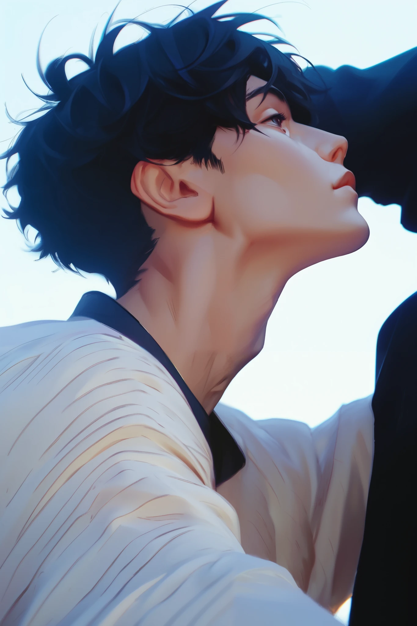 Anime man with black hair and white shirt kissing his face - SeaArt AI