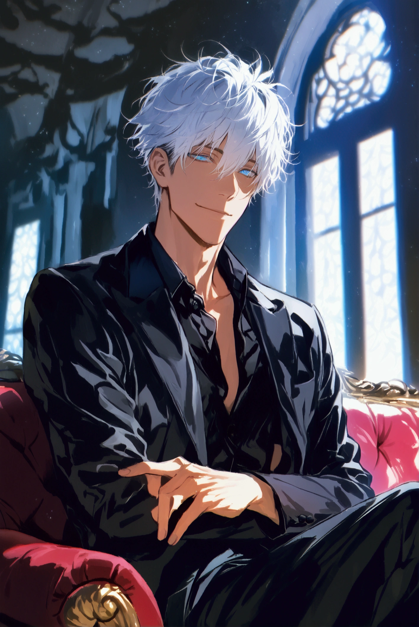 (solo), (1 male), (1 man), handsome men, (one man with white hair, blue eyes), short hair, messy hair, smile,((masterpiece)), (dark background: 1.3), (stylish), dynamic angle, (detailed face, detailed eyes, proportional hands, proportional anatomy), sitting in a relaxed pose, sinister atmosphere