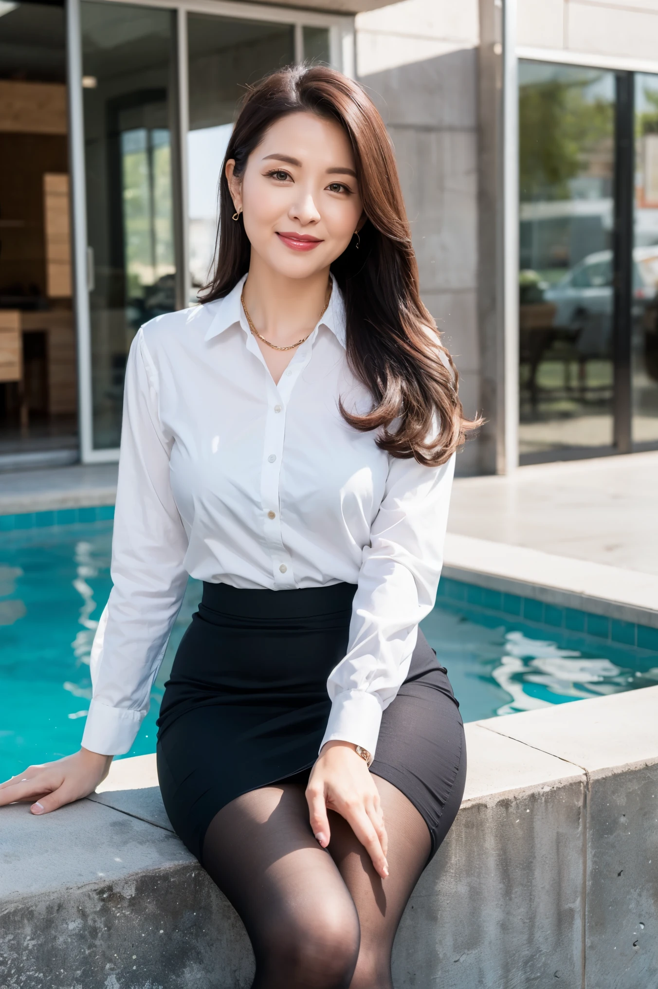top quality, masterpiece, realistic , high definition , 8k RAW photo,Alone, one girl, Cute beautiful mature woman、43 years old、 standing、smile、 Business Skirt、 Ultra Realistic Pantyhose 、Wet inner thighs、 spread your legs 、 high heels