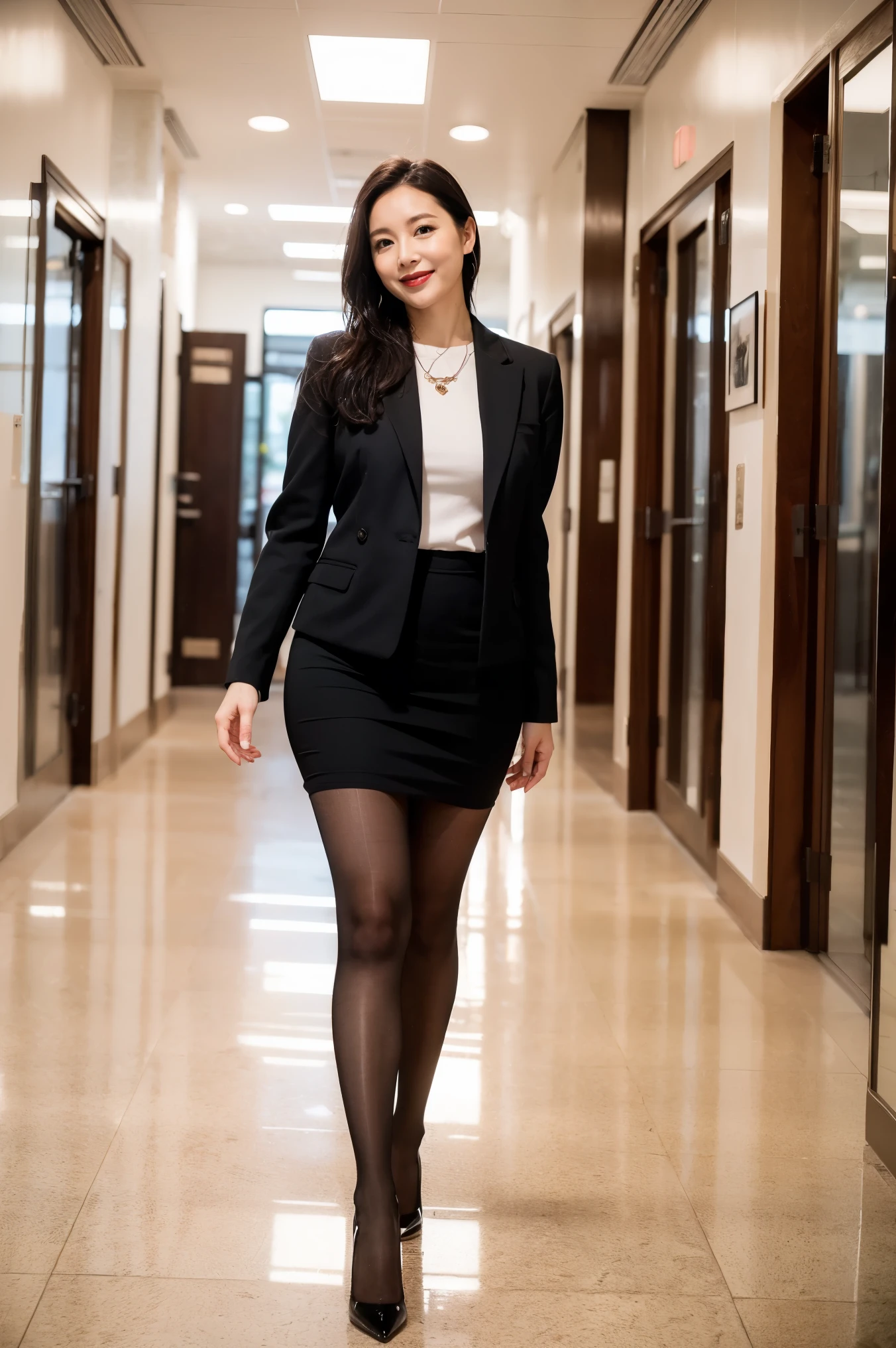 top quality, masterpiece, realistic , high definition , 8k RAW photo,Alone, one girl, Cute beautiful mature woman、43 years old、 standing、smile、 Business Skirt、 Ultra Realistic Pantyhose 、Wet inner thighs、 spread your legs 、 high heels