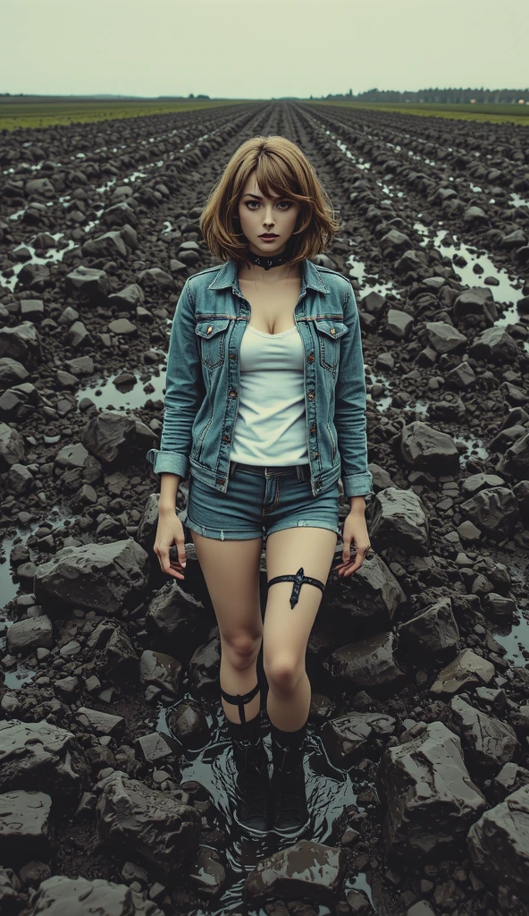 comics, artistic stuck, jeans cut-offs,  bold stockings with garters,denim jacket, girl seductive sinking in sludge bog field,  void background, muted vintage,