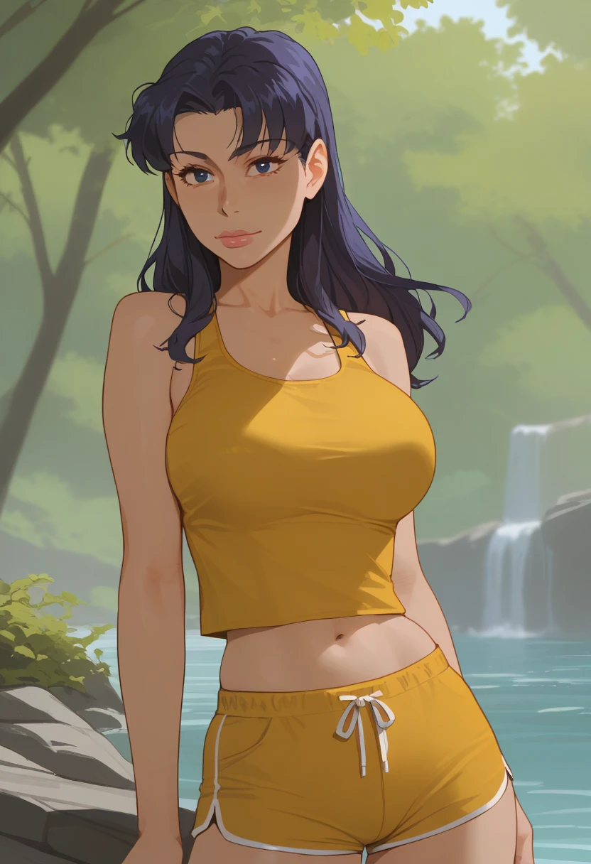 score_9, score_7_up 1girl, solo, katsuragi misato, lips, mature female, large breasts, yellow tank top, shorts, midriff,