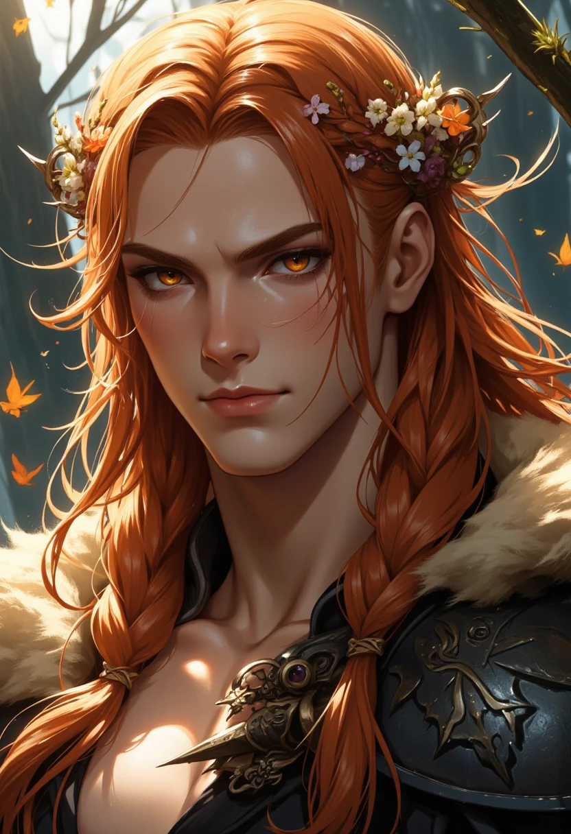 A 22-year-old brutal muscular man with ginger hair cascading down in soft waves, styled into milkmaid braids interwoven with delicate wildflowers. 