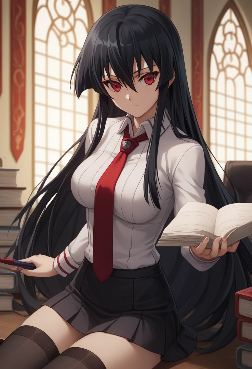 (masterpiece:1.0),(best_quality:1.0), ultra high res,4K,ultra-detailed,official art,extremely detailed CG unity 8k wallpaper,1girl, solo,akame, long hair, black hair, red eyes, hair between eyes,looking at viewer,perfect hands, perfect anatomy,wearing a white suit, tight skirt and black stockings,the office as the background。