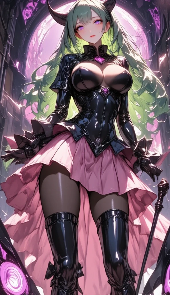  1 mature beautiful woman ,(masterpiece, top quality, very detailed depiction, incredible high resolution,High quality anime drawings),(Magical girl costume based on black and pink, latex bodysuit, Body Stocking,Pink Skirt, black tights, thigh high boots , high heels),( green hair,Swirling Eyes,Purple Eyes, Mind Control :2.0,hypnotism, glamorous body ,Shadowed face,Empty look,Fall,Fallen into evil,Being manipulated,Beautiful legs, healthy legs,Seductive gestures), standing:2.0, full body image :2.0