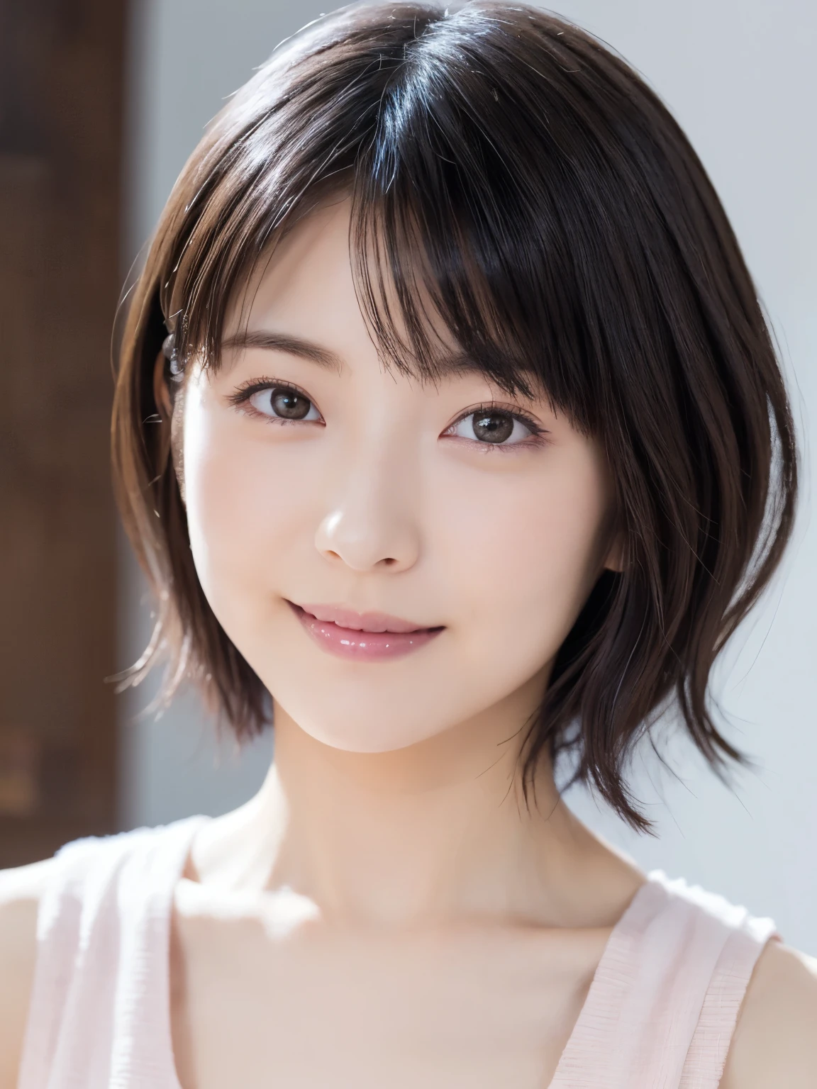 A close up of a woman with a short hair and a pink top - SeaArt AI