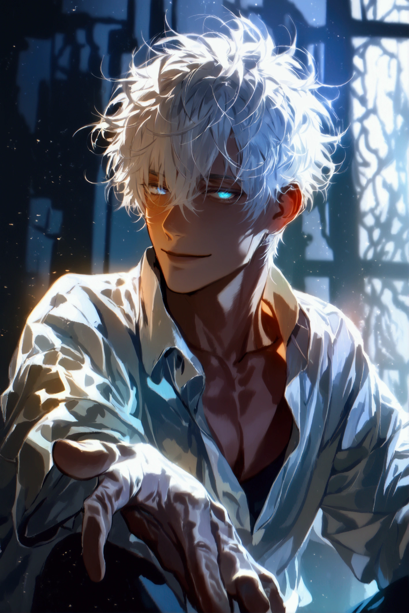 (solo), (1 male), (1 man), handsome men, (one man with white hair, blue eyes), short hair, messy hair, Wolf hair,smile,((masterpiece)), (dark background: 1.3), (stylish), dynamic angle, (detailed face, detailed eyes, proportional hands, proportional ), sitting in a relaxed pose, sinister atmosphere