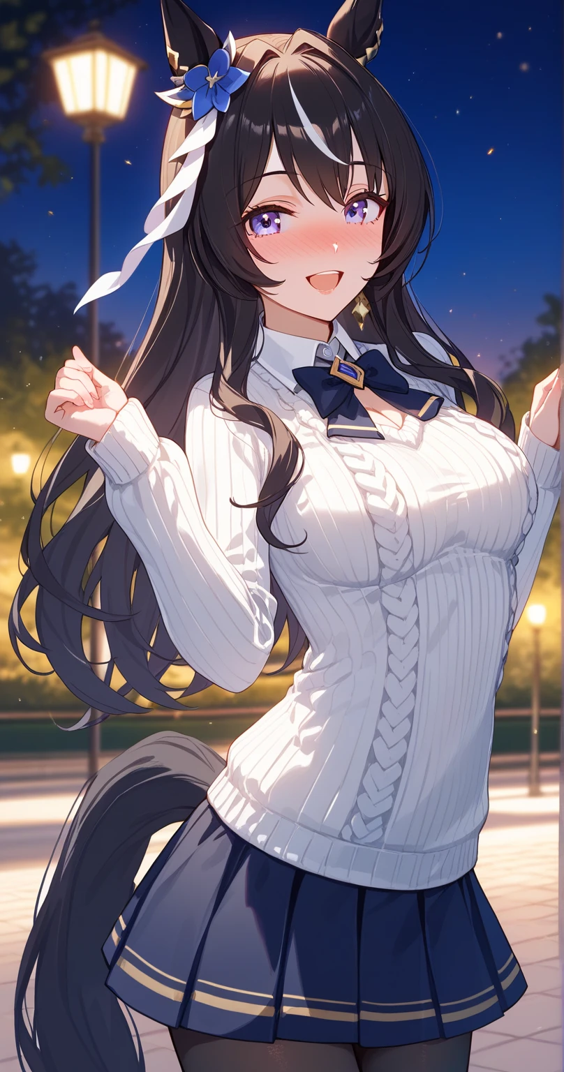 navy Skirt、White knitted sweater 、verxina \(umamusume\), 1girl, horse ears, big smile,black pantyhose, horse tail, detached collar, hair ornament, mole under eye, earrings,black hair,long hair、
BREAK
25 year old woman、slender body、 beautiful feet、medium breasts,sexy Lip,looking at viewer ,nose blush,wide open mouth,(learning forward:1.3)
BREAK
high definition , masterpiece,  anatomically correct ,  very detailed,  High Quality 
BREAK
in park at night,cowboy shot, Dienamic sexy pose,(close-up:1.2)