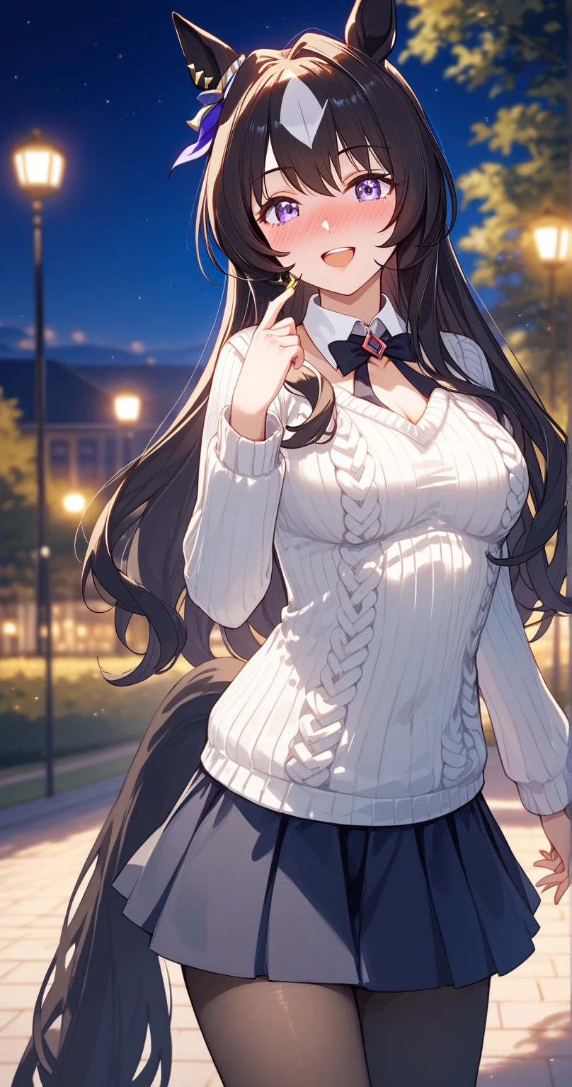 navy Skirt、White knitted sweater 、verxina \(umamusume\), 1girl, horse ears, big smile,black pantyhose, horse tail, detached collar, hair ornament, mole under eye, earrings,black hair,long hair、
BREAK
25 year old woman、slender body、 beautiful feet、medium breasts,sexy Lip,looking at viewer ,nose blush,wide open mouth,(learning forward:1.3)
BREAK
high definition , masterpiece,  anatomically correct ,  very detailed,  High Quality 
BREAK
in park at night,cowboy shot, Dienamic sexy pose,(close-up:1.2)