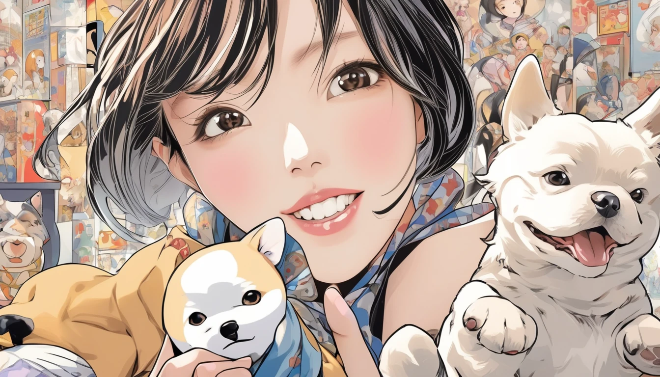 32K,  Max Image,  top quality,  detailed face , Beautiful Japanese woman playing with her dog, Comic style, Cute pop illustrations,