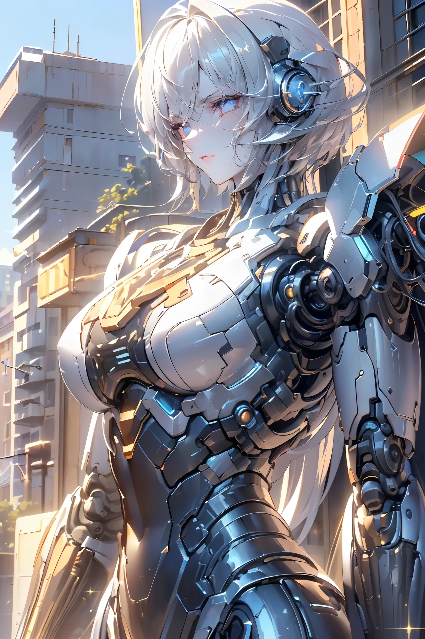 (((Best quality, 8k, Masterpiece: 1.3)), ((best quality)), ((masterpiece)), (detailed), perfect face, perfect body, (detailed skin:1.3), (intricate details), Sci-fi, android, mechanical arms, metallic body, streamlined body, silver hair, glittering even to the tips, Ruined city and buildings, sunset, Cyberspace, a highly functional mechanical body