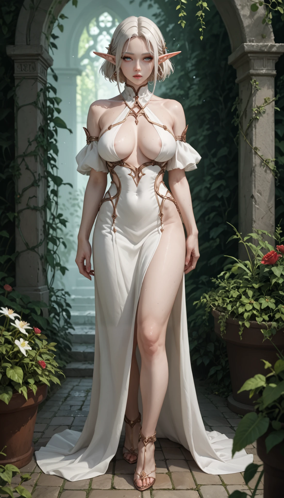 (zPDXL2), (PonyXLV6_Scores), source_anime, Expressiveh, full body shot, asymmetric image, BREAK
Inhata4564, 
Elf woman standing in the garden, pale skin, pointy ears, bob cut, large curved pointy ears  sem roupa  peitos grandes , black elf 
