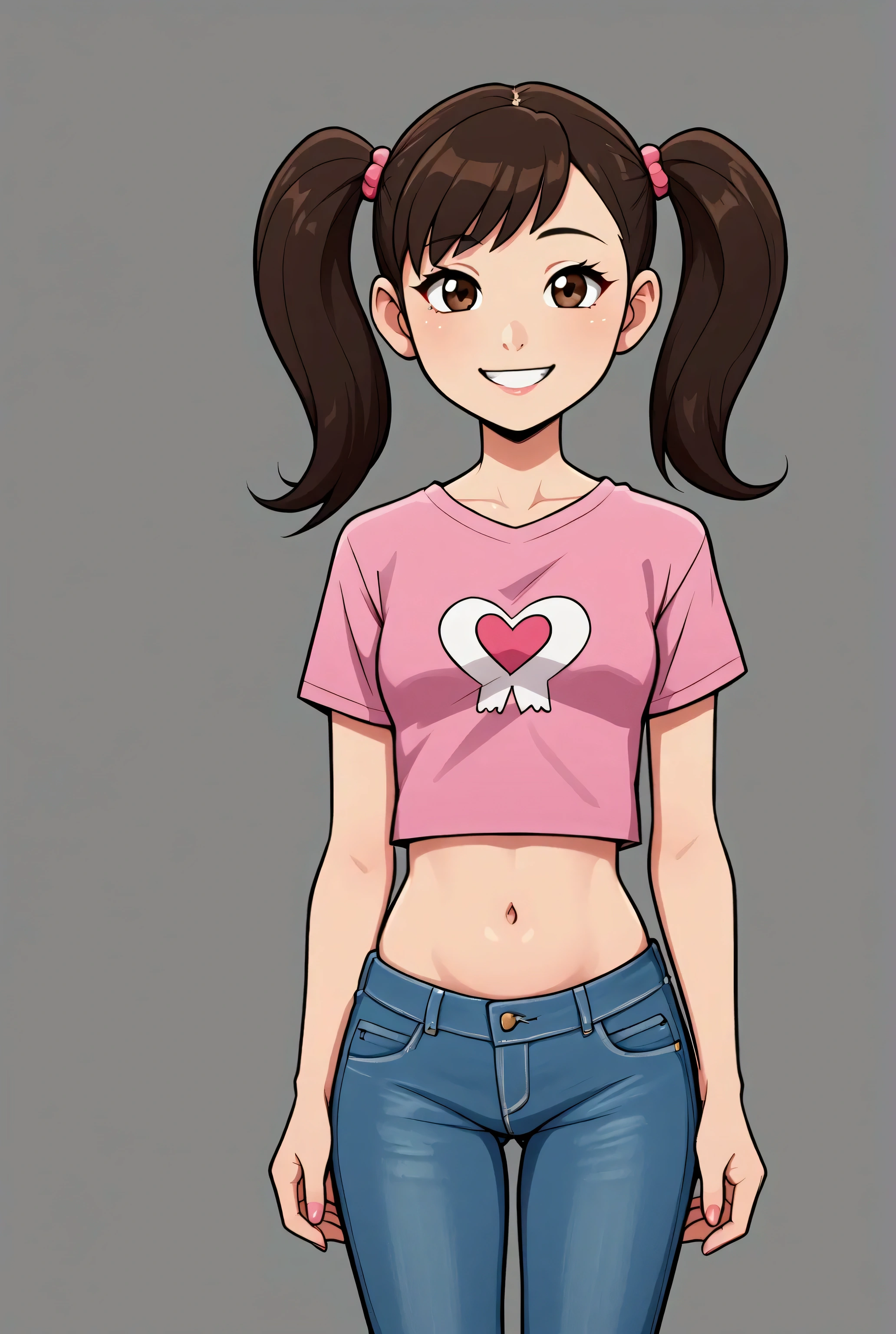 Asian girl, 1girl, twintails, jeans, taut pink t-shirt, midriff, belly, navel, smile