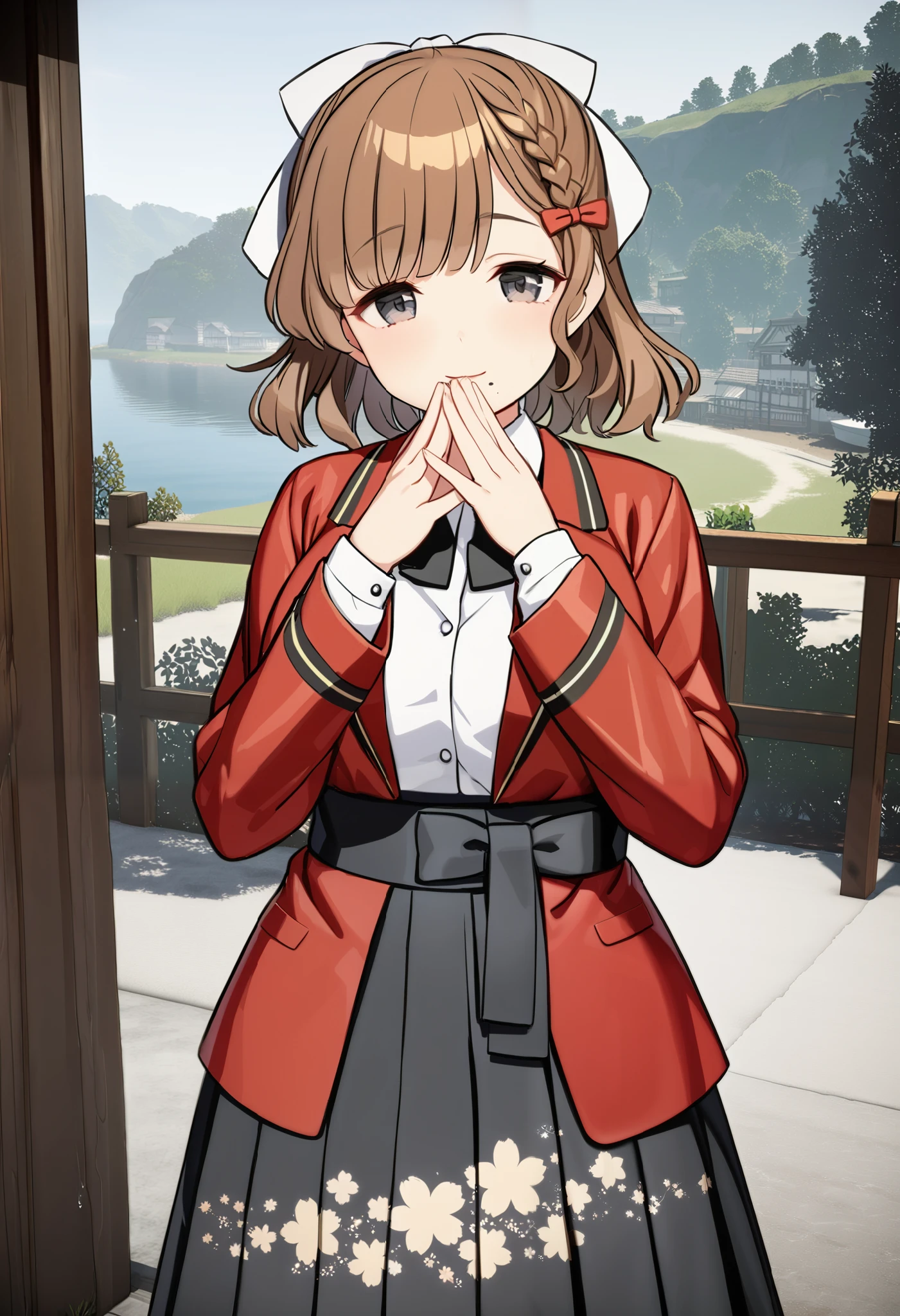  1 girl, , (yuzu modoki),  brown hair ,  dark eyes,  moles under the mouth ,  hair bow, Red Ribbon, French Braid ,  HALF UP, hair ribbon,  white ribbon,   black bow tie,  white collared shirt,  Long Sleeve ,  wide sleeve over mouth,  high waisted skirt with open vest,  black skirt,  pleated skirt, ( floral print ),  cowboy shot,  Big Breasts ,  black ribbon,  red jacket,  open jacket, Put your hands together ,  she looks frozen and terribly wet , (  Masterpiece ,  top quality),  outdoor,  detailed landscape , ( 3d rendering:0.2),  high definition,   detailed ,   closed mouse,  light smile , 