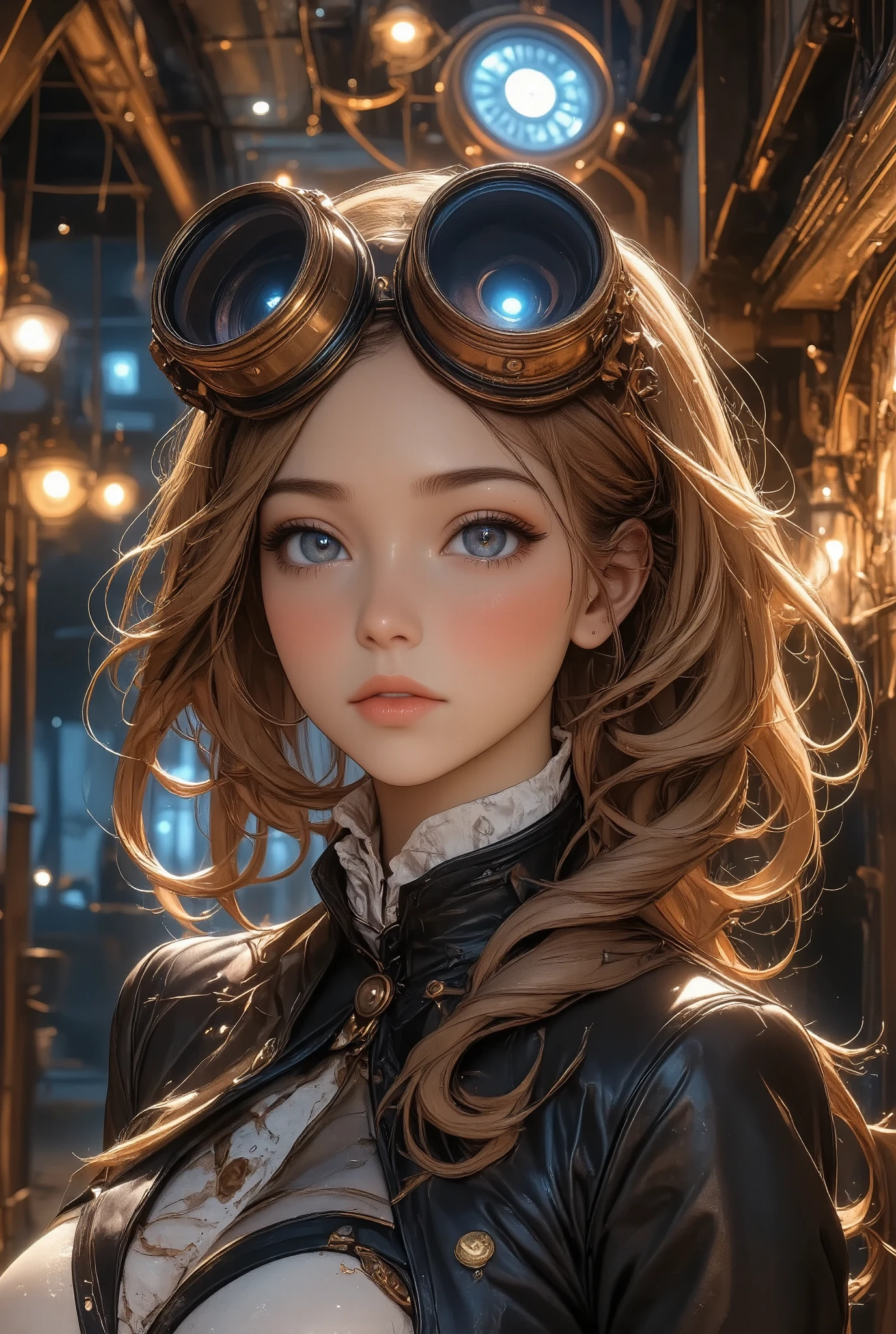 a woman in a steampunk world, elegant clockwork gears, brass goggles, intricate mechanical details, steampunk attire, victorian fashion, beautiful detailed eyes, beautiful detailed lips, extremely detailed eyes and face, long eyelashes, cinematic lighting, dramatic shadows, warm color palette, (best quality,4k,8k,highres,masterpiece:1.2),ultra-detailed,(realistic,photorealistic,photo-realistic:1.37),cinematic composition,dramatic posing,highly detailed steampunk machinery,ornate victorian architecture,glowing brass and copper accents