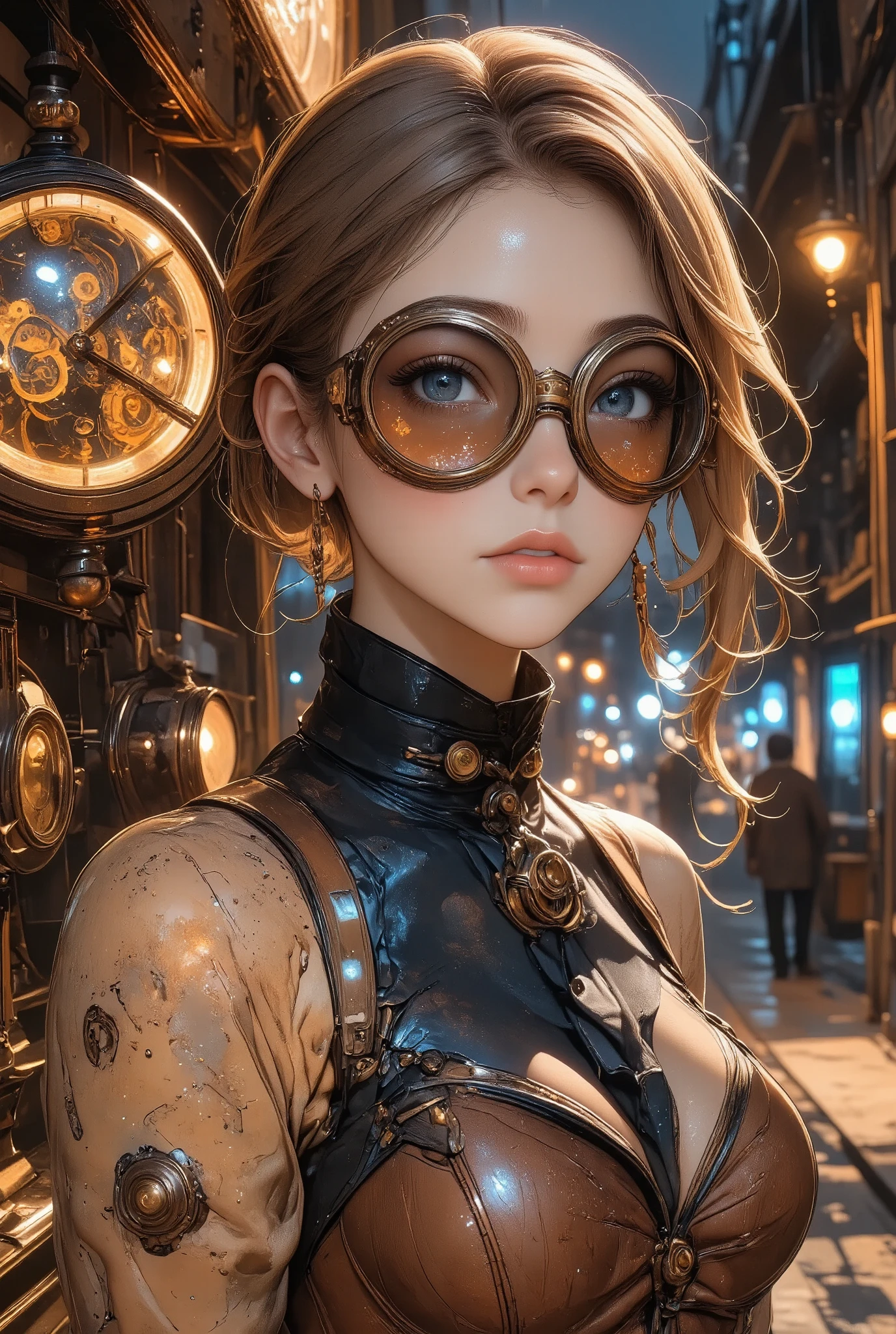 a woman in a steampunk world, elegant clockwork gears, brass goggles, intricate mechanical details, steampunk attire, victorian fashion, beautiful detailed eyes, beautiful detailed lips, extremely detailed eyes and face, long eyelashes, cinematic lighting, dramatic shadows, warm color palette, (best quality,4k,8k,highres,masterpiece:1.2),ultra-detailed,(realistic,photorealistic,photo-realistic:1.37),cinematic composition,dramatic posing,highly detailed steampunk machinery,ornate victorian architecture,glowing brass and copper accents