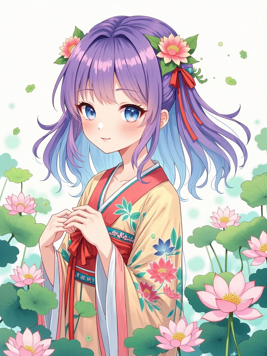 A cute girl with purple hair and blue eyes, adorned in colorful floral attire, exudes an enchanting aura. In the style of Y2K aesthetic, with detailed facial features, set against a light white background. The artwork features a dreamy color palette, charming anime-inspired character design, and a colorful cartoon illustration