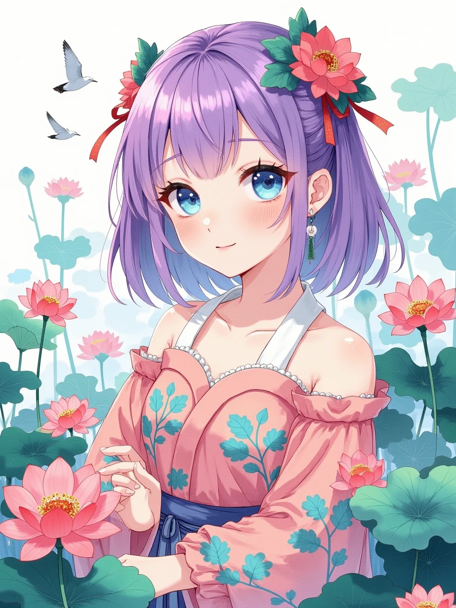 A cute girl with purple hair and blue eyes, adorned in colorful floral attire, exudes an enchanting aura. In the style of Y2K aesthetic, with detailed facial features, set against a light white background. The artwork features a dreamy color palette, charming anime-inspired character design, and a colorful cartoon illustration