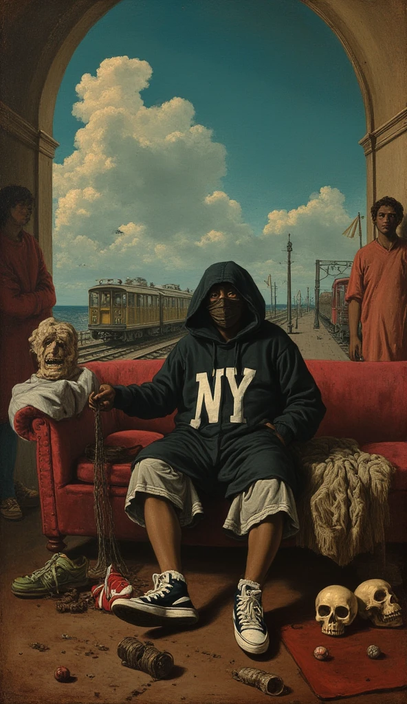 A surreal artwork inspired by classical Renaissance paintings, depicting a modern urban character sitting on a worn-out couch. The character wears a black hoodie with a large 'NY' logo, a ski mask, and oversized basketball shorts. The setting is a mix of classical and urban styles: an arched background with a Renaissance-style sky and a subway train on tracks. On the ground around the couch, there are scattered items like sneakers (one red and white, one black and white), a basketball, a baseball, and a skull. The lighting is dramatic and soft, highlighting the contrast between old and modern aesthetics. Include two blurred figures in classical robes on either side of the main character, resembling Renaissance-style apostles.