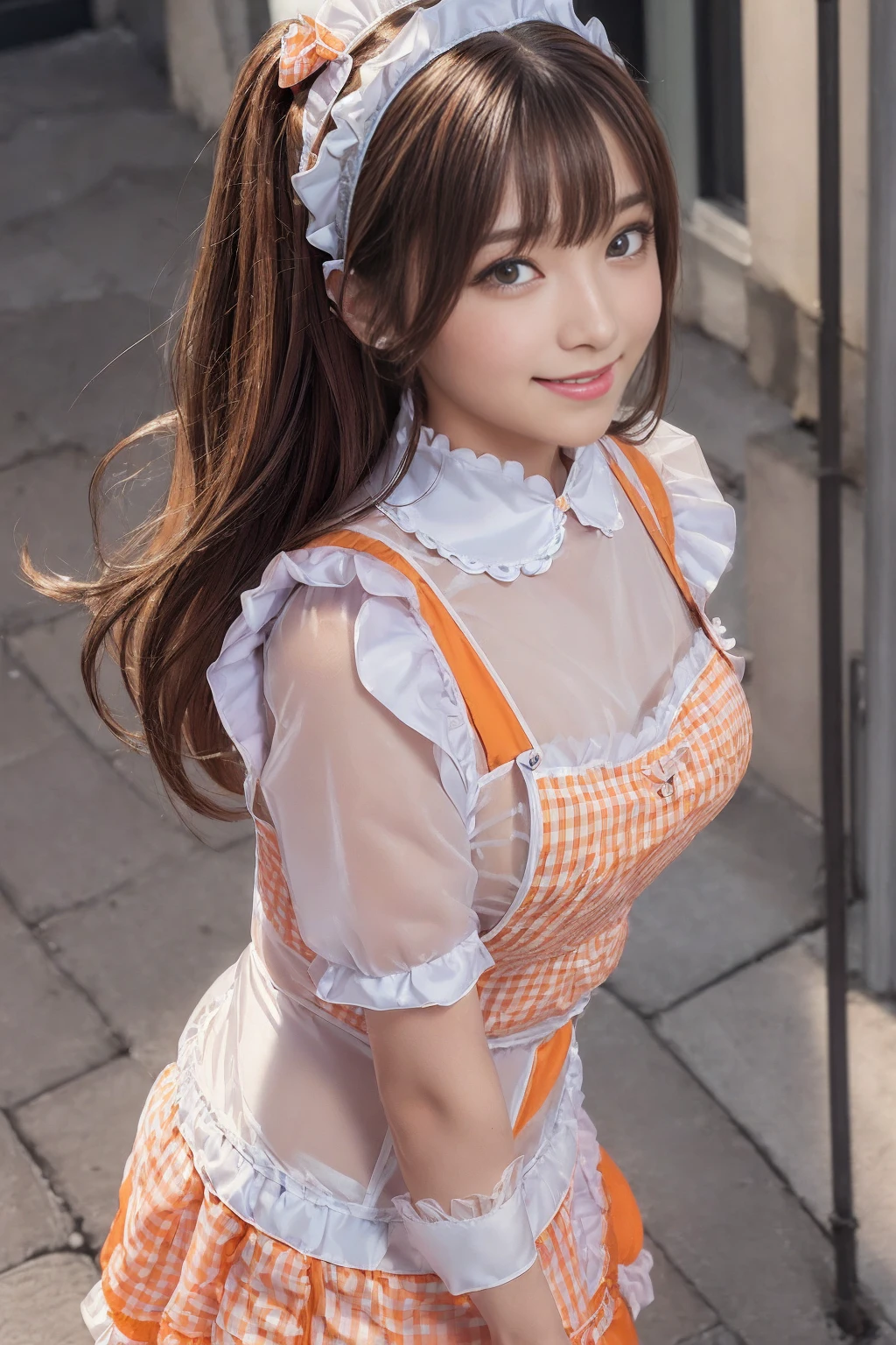 (masterpiece, highest quality:1.2), One woman、23 years old、 cute、(cuteメイド服を着ている), (Pink gingham check maid outfit:1.5)) Idol Style、smile、(おしゃれでcute喫茶店内:1.4)、whole body、(He brought me a tray of chocolate mint juice..;1.4)、summer、hot、White underwear、Soft Breasts