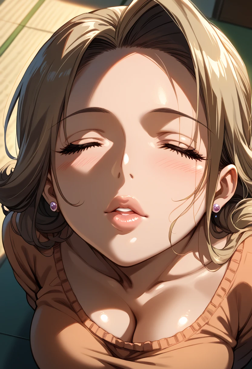 masterpiece, high definition , top quality,8k
(Akiko,mature)
( closed eyes, from above, close up on your face , open her mouth , detailed lips from home)