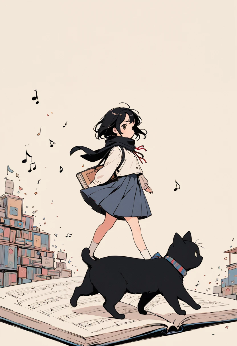 (masterpiece, best quality:1.1),Anime girl. Simple line drawing. A miniature girl walking on a big book. She is wearing a school uniform and a scarf. A miniature black cat follows her. Looks like a fun atmosphere.music note.fantasy atmosphere,