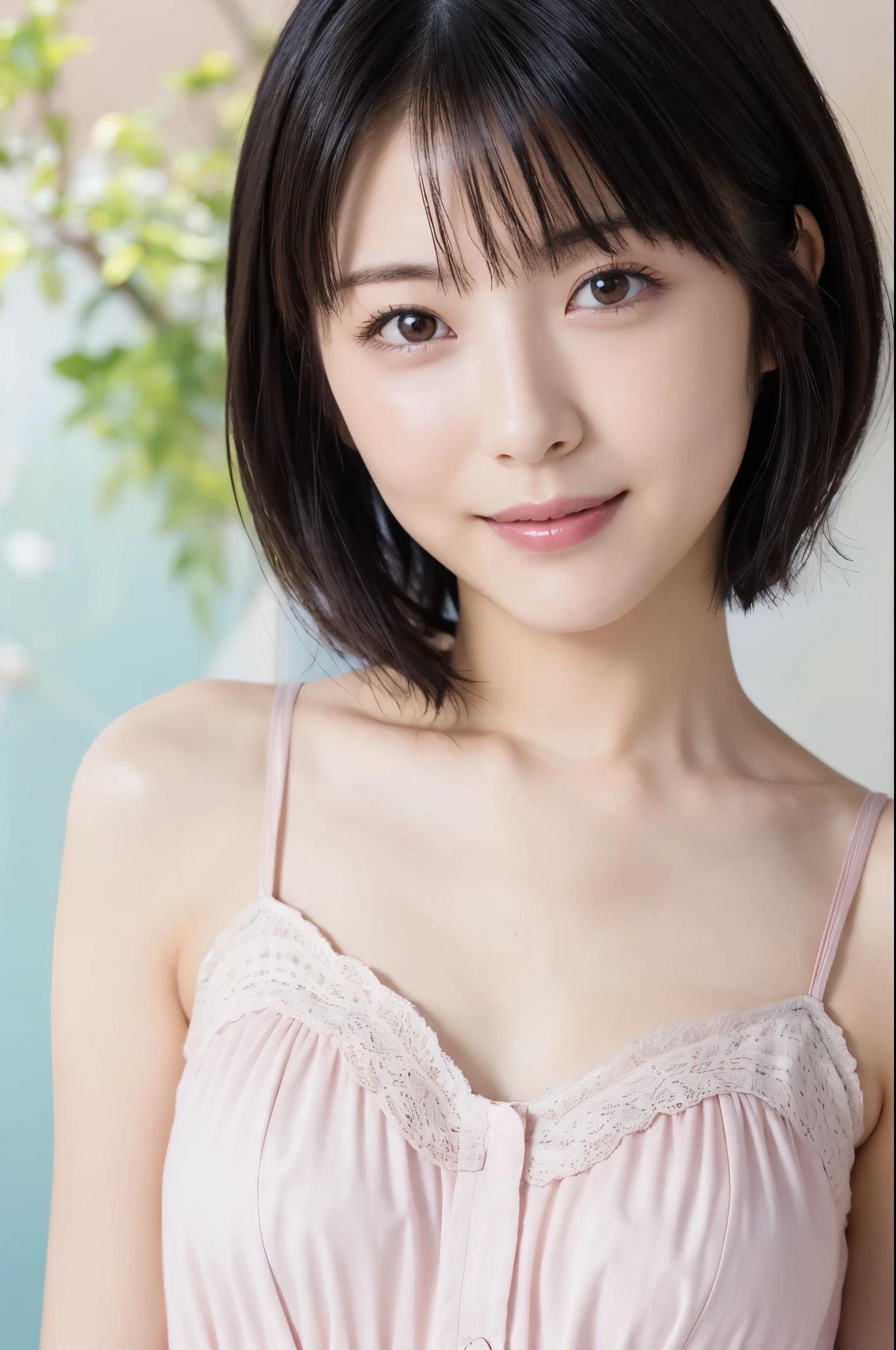 ( super beautiful girl :1.2),   neat and clean woman  ,   Masterpiece ,  top quality, Great Skin, delicate face,  cool smile, Young Face,  clean looking ,  sparkling eyes ,  double eyelids 、 (( high definition )), (( High Definition CG Unity 8K Wallpaper )),  short hair, bangs,  elegant rounded bob,  the face is facing the front 、 Woman wearing a pastel colored camisole、 An attractive and captivating ,  dim room, sentimental、Above the groin