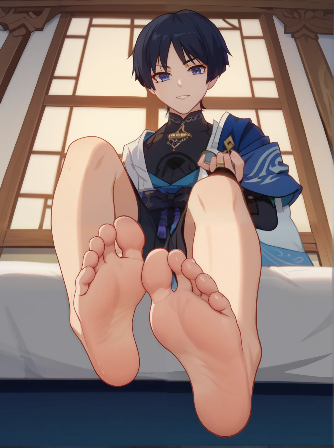 Score_9, score_8_up, source_anime, 1boy, Wanderer, big eyes, alone, looking at viewer, in his room, sitting on the bed, lifting legs to show his soles, cowboy shot, ANIME SCREENCAP, anime coloring, barefoot, perfect feet, anatomically correct, soles, low angle, focal length 35mm, each foot has five toes, front, symmetrical soles, foot focus,