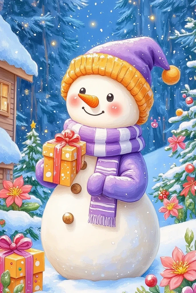  draw a snowman holding a present in his hand, A pastel painting by Nil Gleyen, shutterstock, Arts and Crafts, Cold, season!! : 🌸 ☀ 🍂 ❄, warmth smile, The official picture , illustration!, warmth, Snowfall, In the snow, Andy Parker , winter, Snow Snow, winter In the snow, Traditional Art, Snow light , snow