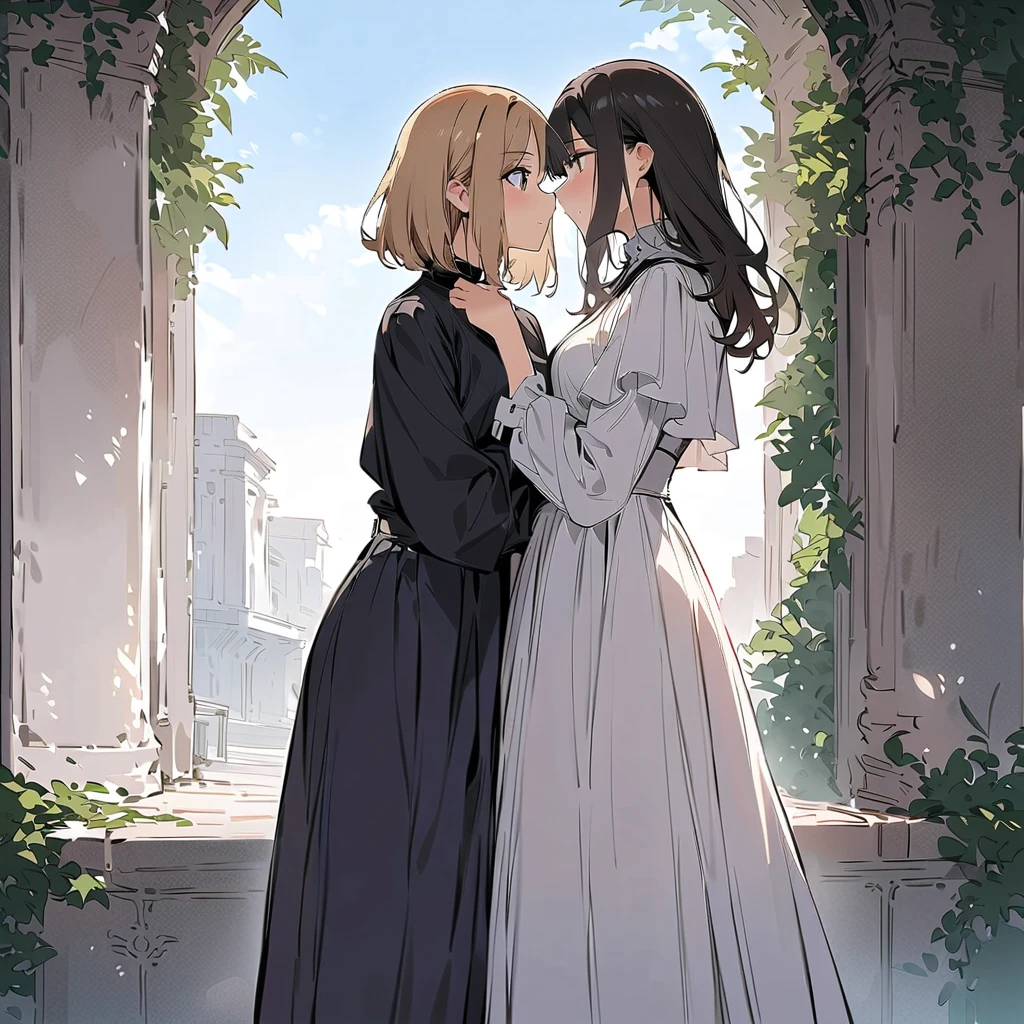 (Best Quality, High Definition, masutepiece:1.2,), Illustration, Night, 2girls, Full body, (wedding dress), arm behind back, Waiting for a kiss, Looking at Viewer, Happy, blush,lesbian、Girls to girls、huge-breasted、bbw