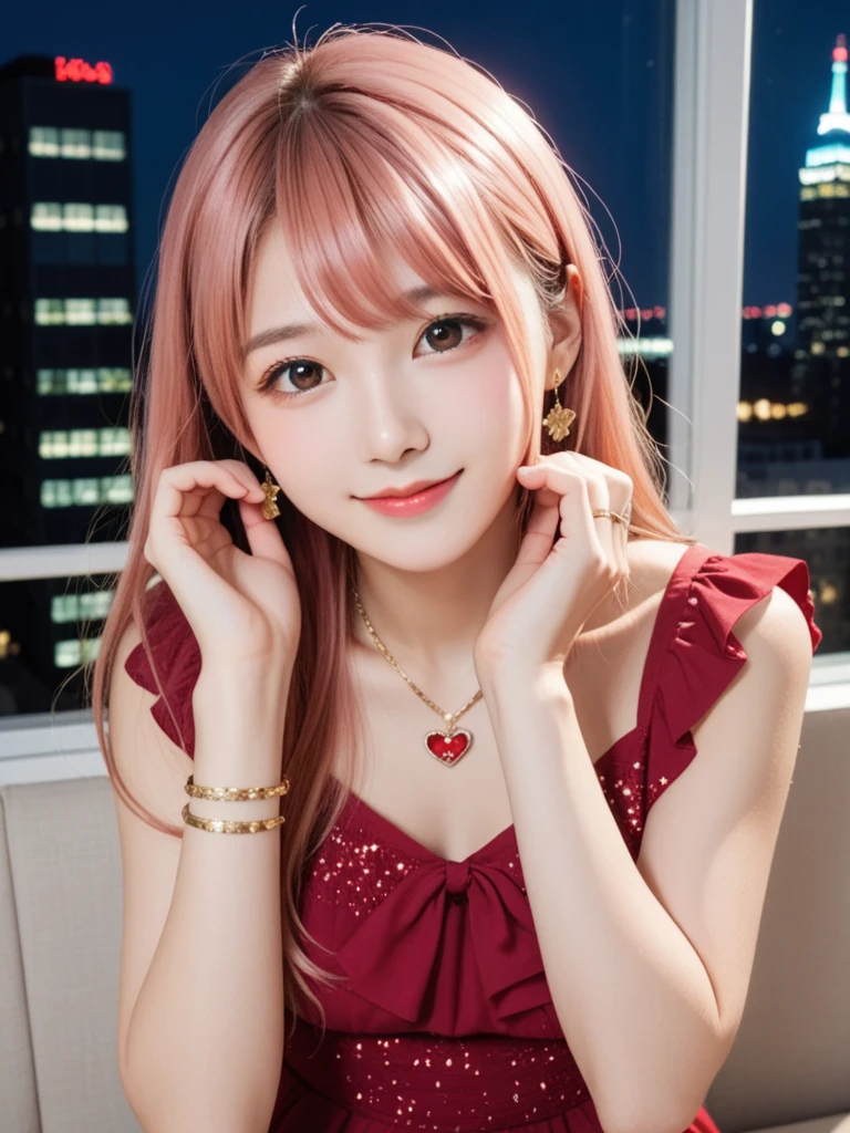 8k, real, realistic , super concentration , Japanese, cute girl,Cute idol,Under-eye bags makeup, cute face,A kind smile,Adult Atmosphere ,Sparkling, smiles, long white pink hair , Red Dress ,new york, luxury hotel, Suite,High floors, night view from window ,neon,夜景がSparkling, natural light, wearing a gold necklace , wearing a gold bracelet, wearing gold earrings .