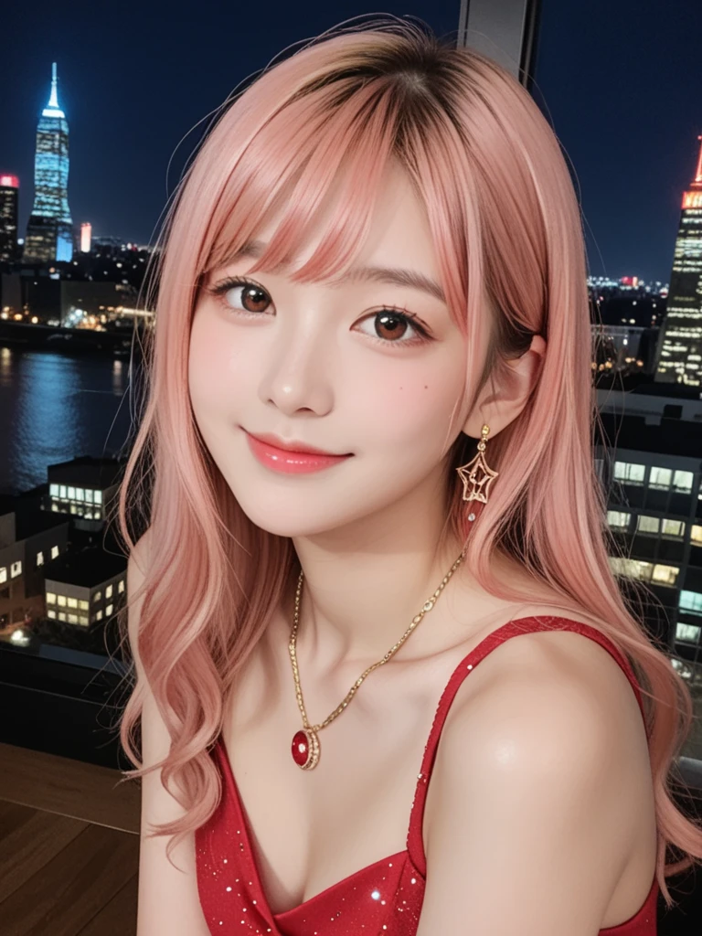 8k, real, realistic , super concentration , Japanese, cute girl,Cute idol,Under-eye bags makeup, cute face,A kind smile,Adult Atmosphere ,Sparkling, smiles, long white pink hair , Red Dress ,new york, luxury hotel, Suite,High floors, night view from window ,neon,夜景がSparkling, natural light, wearing a gold necklace , wearing a gold bracelet, wearing gold earrings .